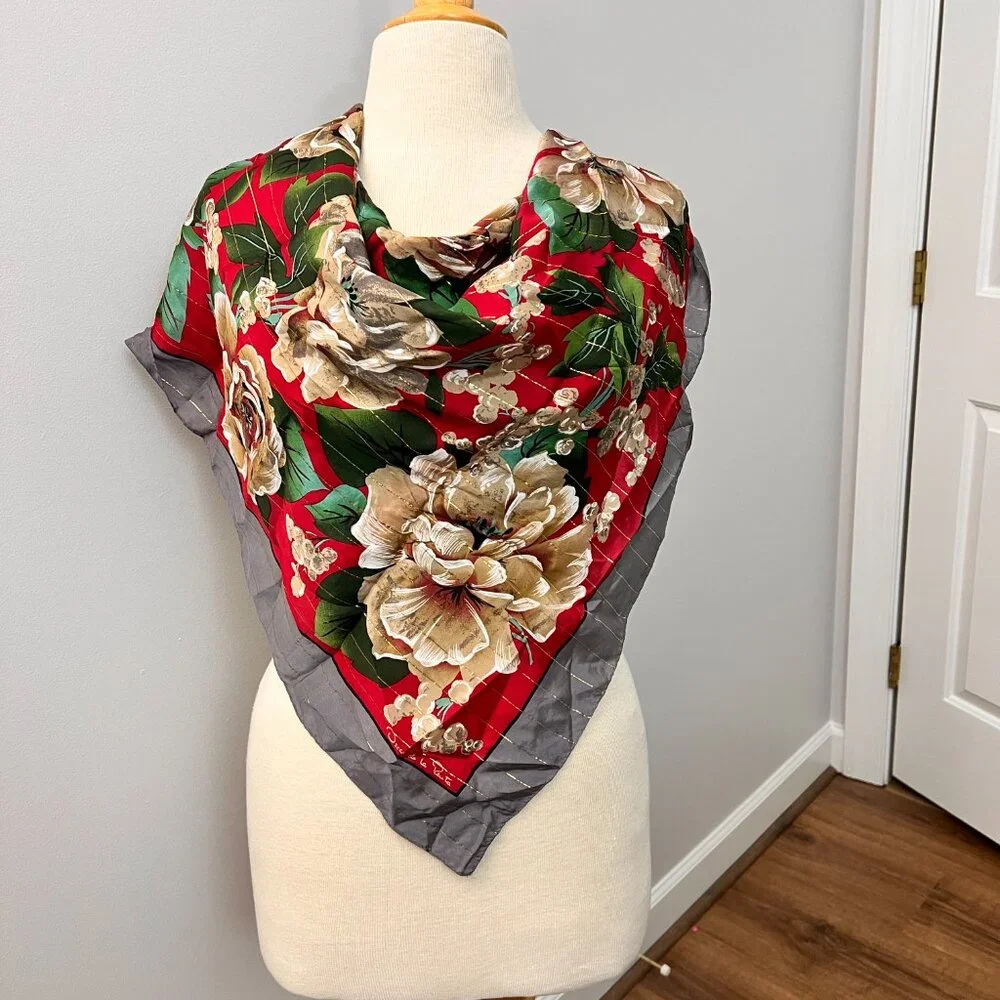 Oscar De La Renta Red Floral Silk Scarf Metallic Threading